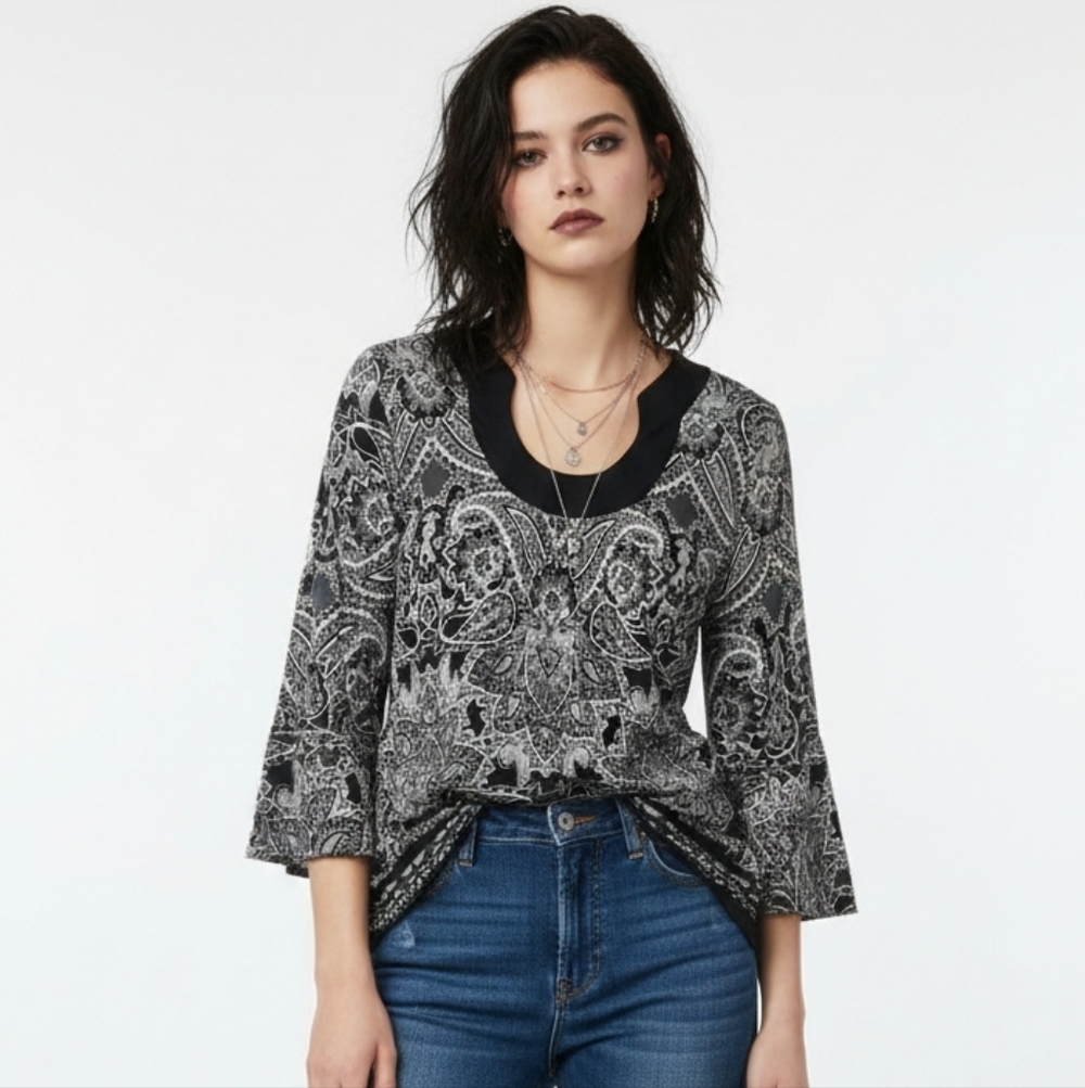 Apt 9 Blouse Retro Boho Black Gray Grunge Punk Goth Casual M